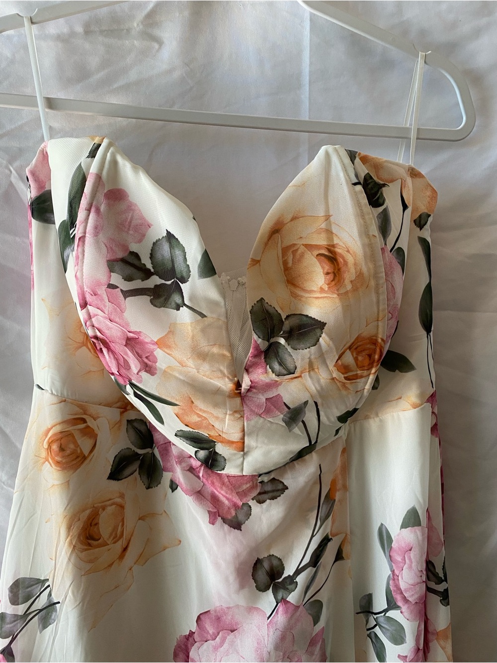 Fashion Nova Strapless Floral Midi Dress in Cream with Pink & Peach Roses